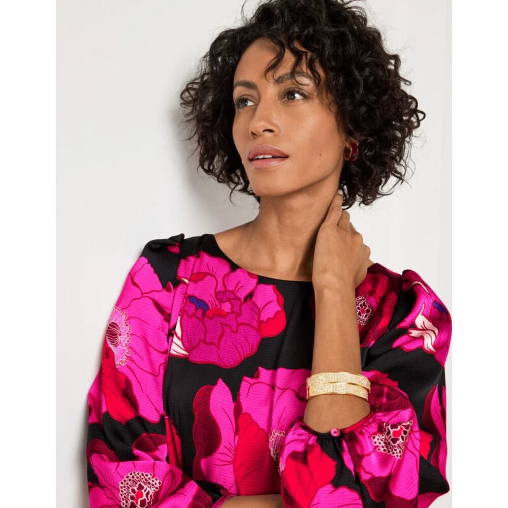 Talbots Black Pink Red Floral Midi Dress Balloon Sleeve Zip Back Size 6 Feminine - Picture 3 of 8